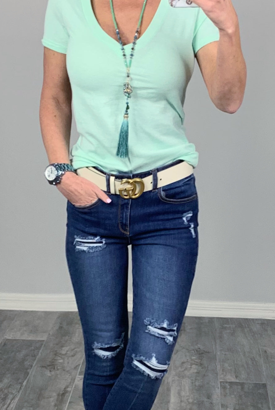 BASIC SHORT SLEEVE DEEP V TEE - MINT-Top-privityboutique.com-Privity Boutique, Women’s Fashion Boutique in Mesa, Arizona