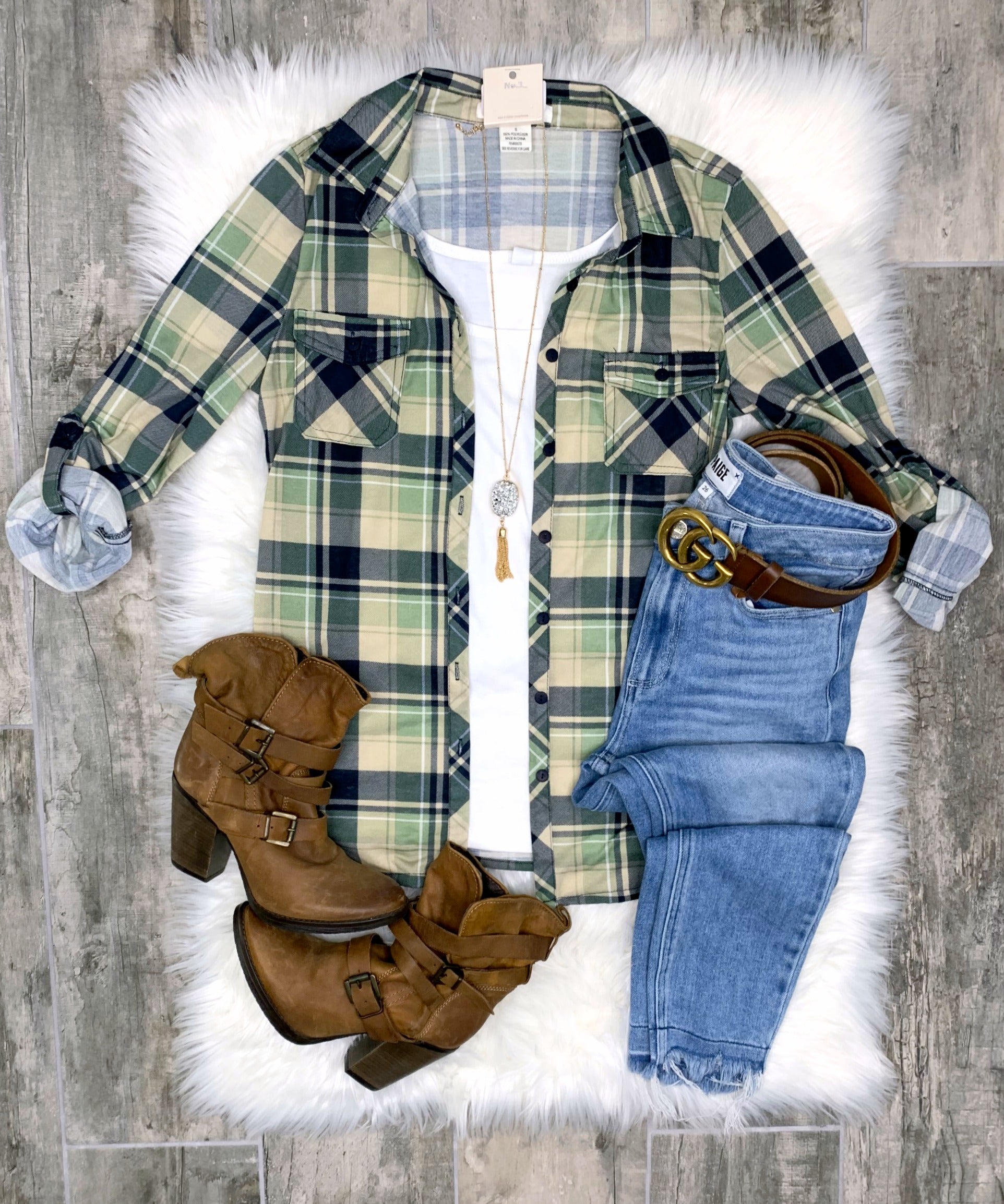 Penny Plaid Flannel Top - Navy/Sage-flannel-privityboutique-Privity Boutique, Women’s Fashion Boutique in Mesa, Arizona