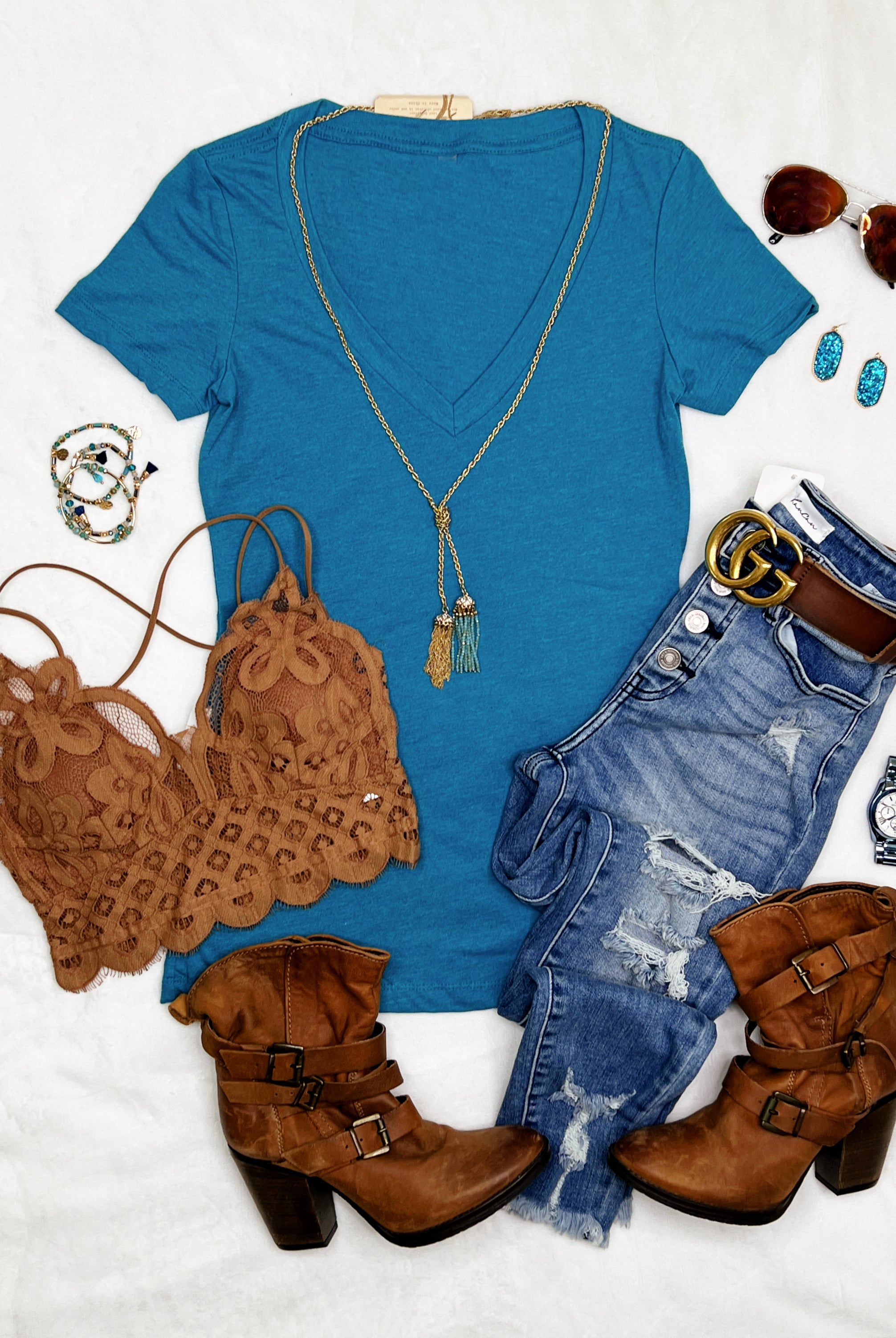 BASIC SHORT SLEEVE DEEP V TEE - JADE-Top-privityboutique.com-Privity Boutique, Women’s Fashion Boutique in Mesa, Arizona