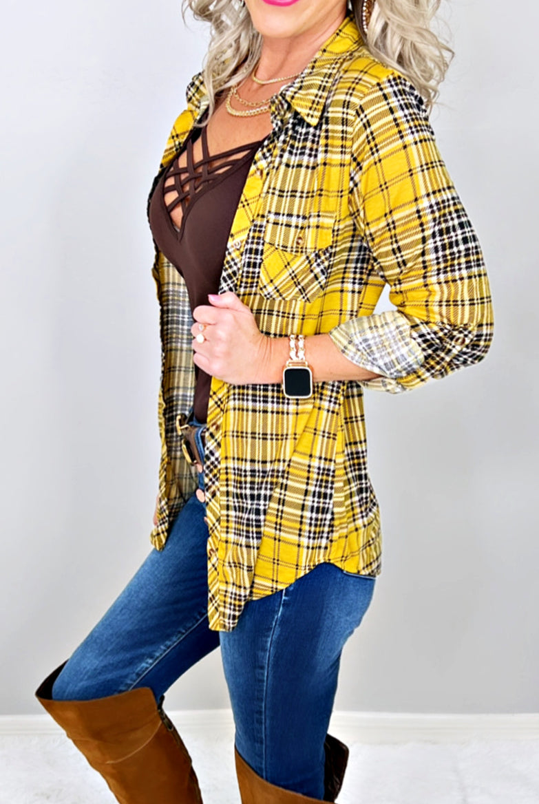 Penny Plaid Flannel Top - Mustard/Black-flannel-privityboutique-Privity Boutique, Women’s Fashion Boutique in Mesa, Arizona