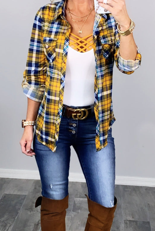 Penny Plaid Flannel Top - Mustard/Navy-flannel-privityboutique-Privity Boutique, Women’s Fashion Boutique in Mesa, Arizona
