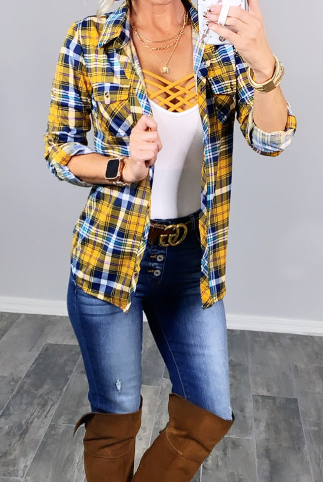 Penny Plaid Flannel Top - Mustard/Navy-flannel-privityboutique-Privity Boutique, Women’s Fashion Boutique in Mesa, Arizona