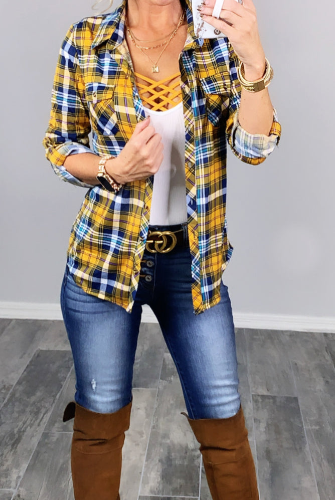 Penny Plaid Flannel Top - Mustard/Navy-flannel-privityboutique-Privity Boutique, Women’s Fashion Boutique in Mesa, Arizona