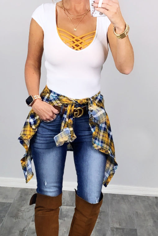 Penny Plaid Flannel Top - Mustard/Navy-flannel-privityboutique-Privity Boutique, Women’s Fashion Boutique in Mesa, Arizona