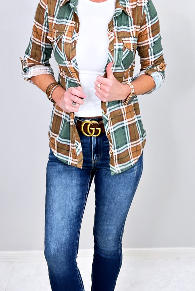 Penny Plaid Flannel Top - Camel/Olive-flannel-privityboutique-Privity Boutique, Women’s Fashion Boutique in Mesa, Arizona