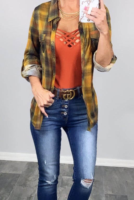 Penny Plaid Flannel Top - Mustard Multi-flannel-privityboutique-Privity Boutique, Women’s Fashion Boutique in Mesa, Arizona