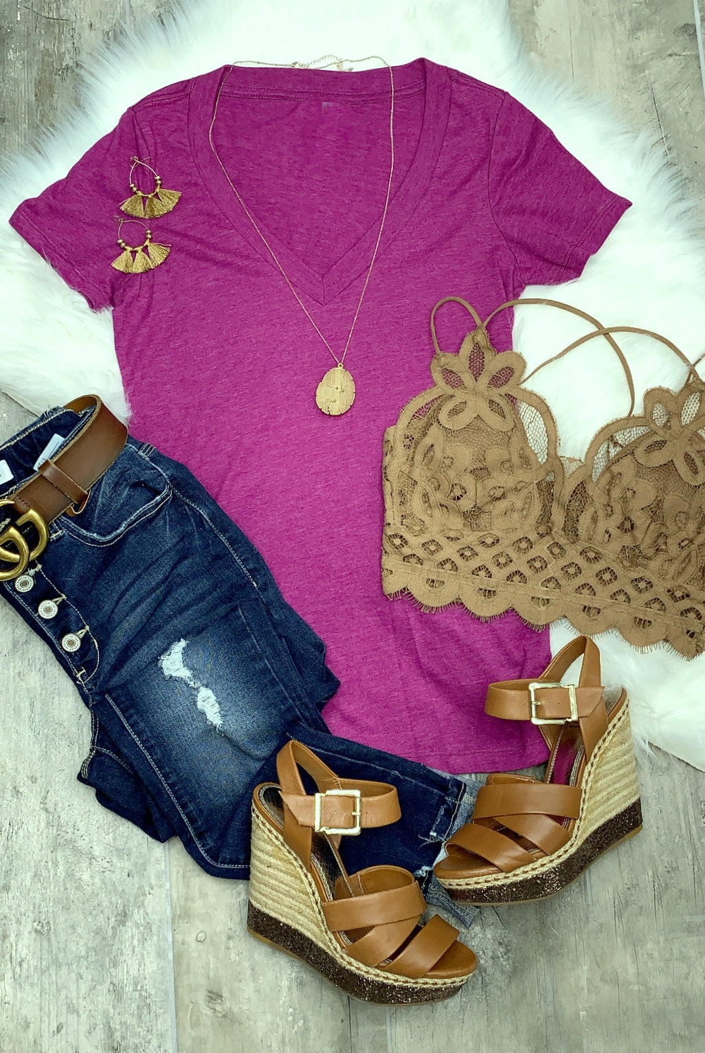 BASIC SHORT SLEEVE DEEP V TEE - BERRY-Top-privityboutique.com-Privity Boutique, Women’s Fashion Boutique in Mesa, Arizona