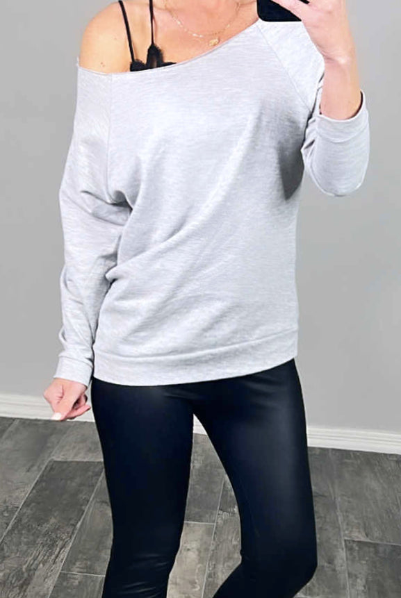 Raw Hem Off The Shoulder - Grey-Top-privityboutique.com-Privity Boutique, Women’s Fashion Boutique in Mesa, Arizona