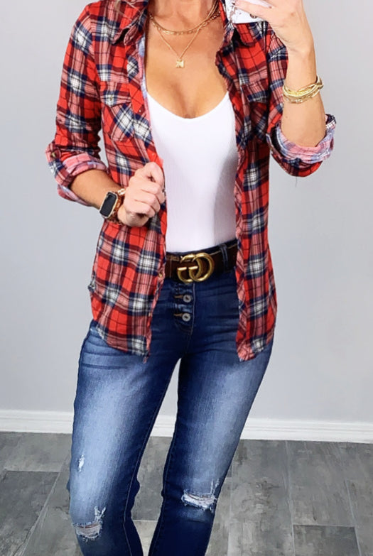 Penny Plaid Flannel Top - Red/Navy-flannel-privityboutique-Privity Boutique, Women’s Fashion Boutique in Mesa, Arizona