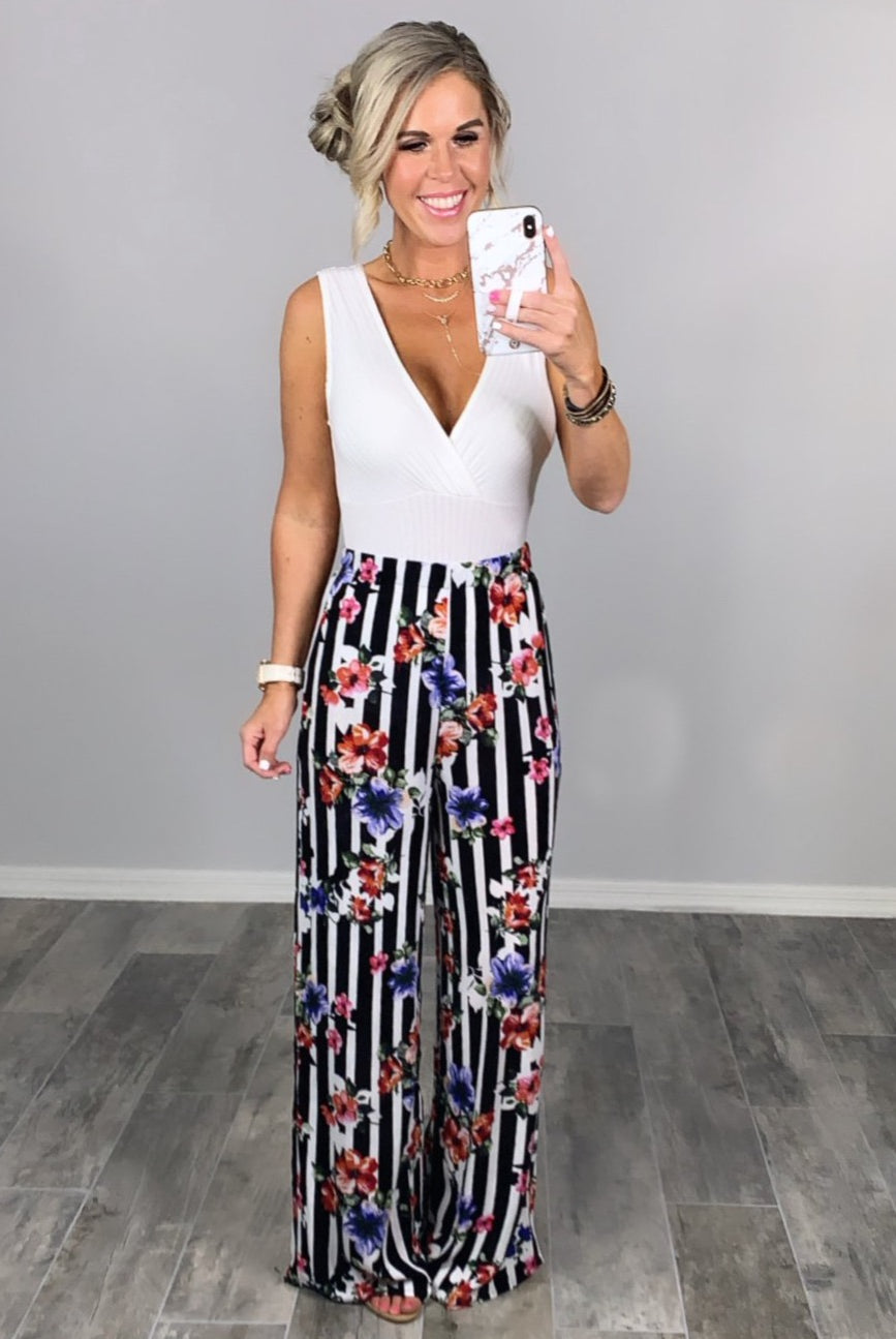 Striped with Floral Pants - Black-palazzo-privityboutique.com-Privity Boutique, Women’s Fashion Boutique in Mesa, Arizona
