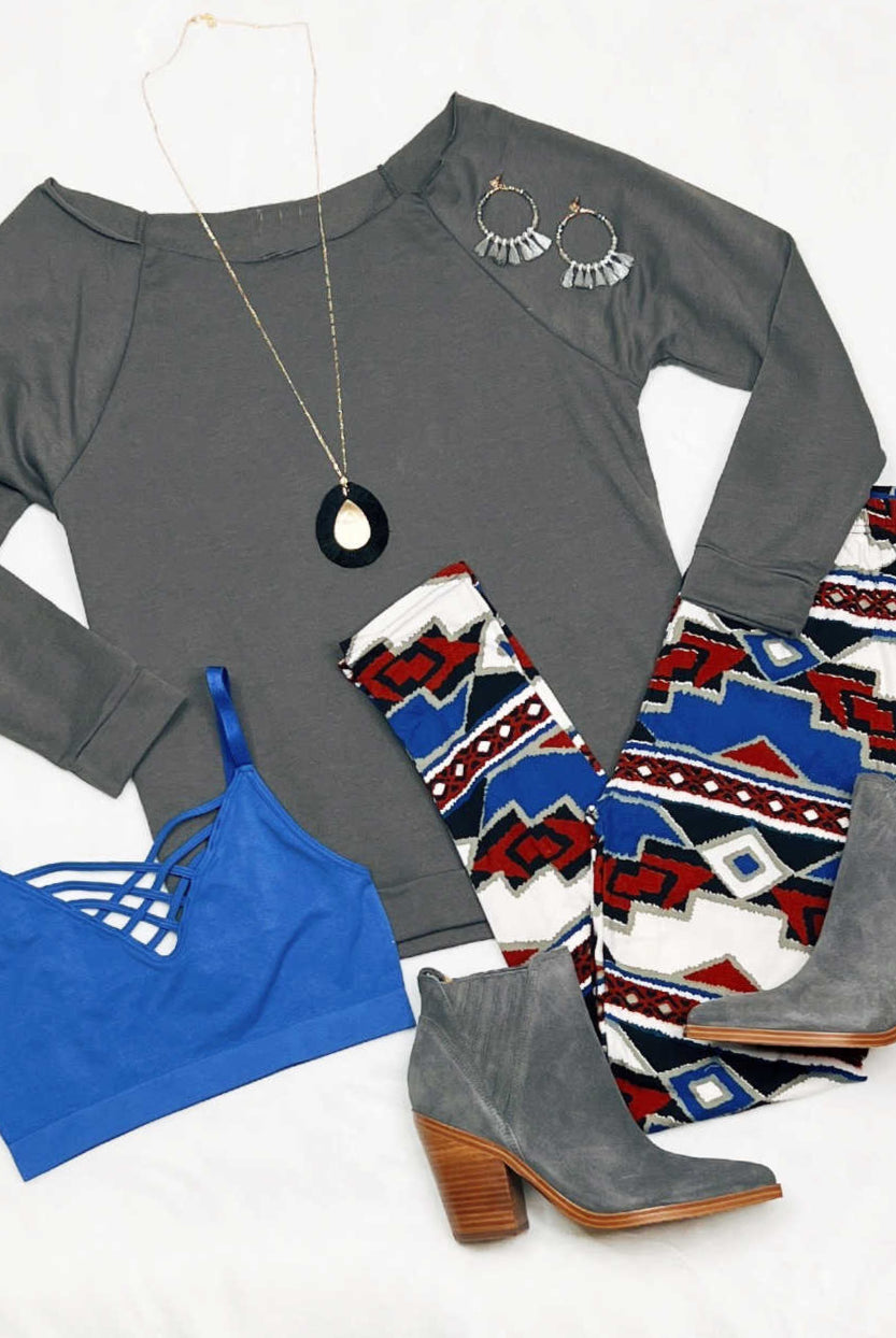 Raw Hem Off The Shoulder - Dk Grey-Top-privityboutique.com-Privity Boutique, Women’s Fashion Boutique in Mesa, Arizona