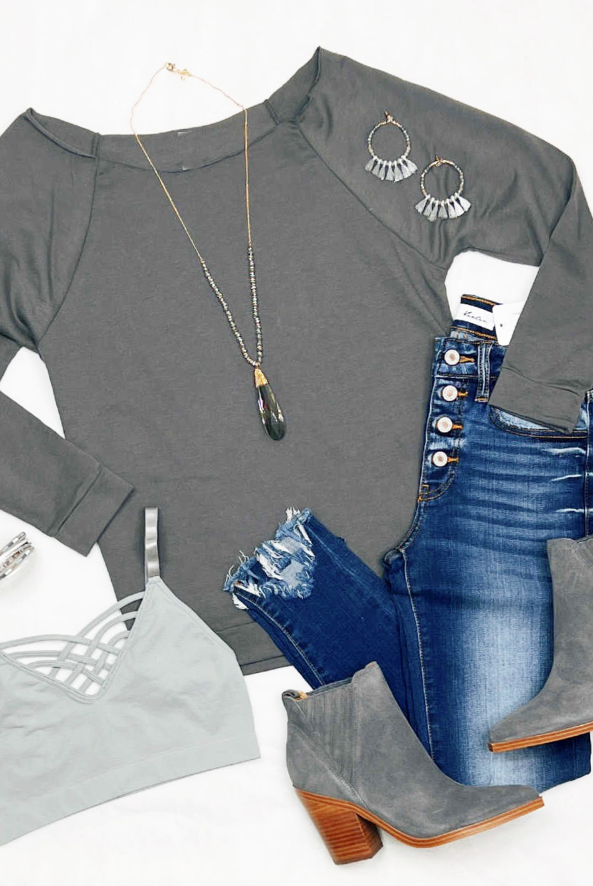 Raw Hem Off The Shoulder - Dk Grey-Top-privityboutique.com-Privity Boutique, Women’s Fashion Boutique in Mesa, Arizona
