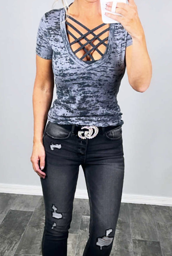 BASIC BURNOUT DEEP V-NECK TEE - GREY-Top-privityboutique.com-Privity Boutique, Women’s Fashion Boutique in Mesa, Arizona