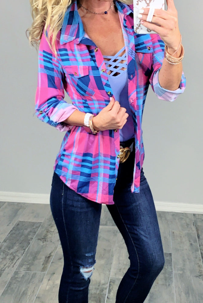Penny Plaid Flannel Top -Pink/Blue-flannel-privityboutique-Privity Boutique, Women’s Fashion Boutique in Mesa, Arizona
