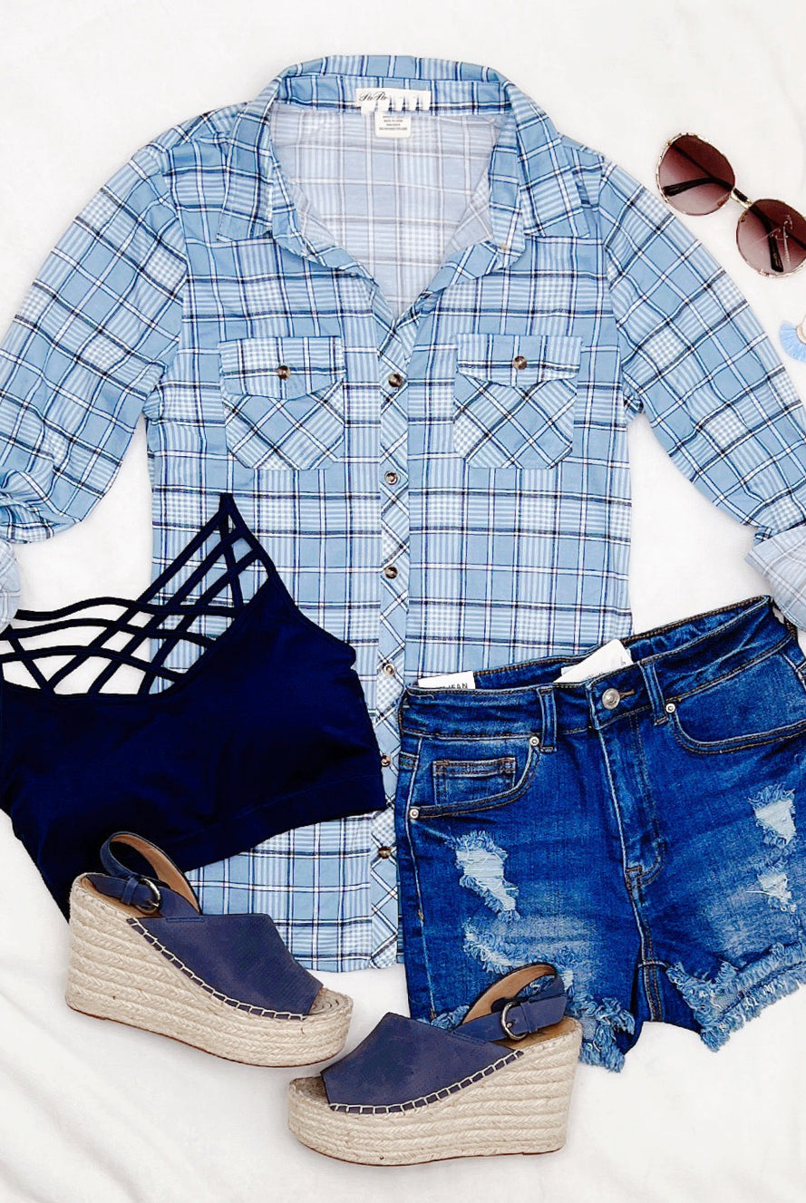 Penny Plaid Flannel Top - Denim/Ivory-flannel-privityboutique-Privity Boutique, Women’s Fashion Boutique in Mesa, Arizona