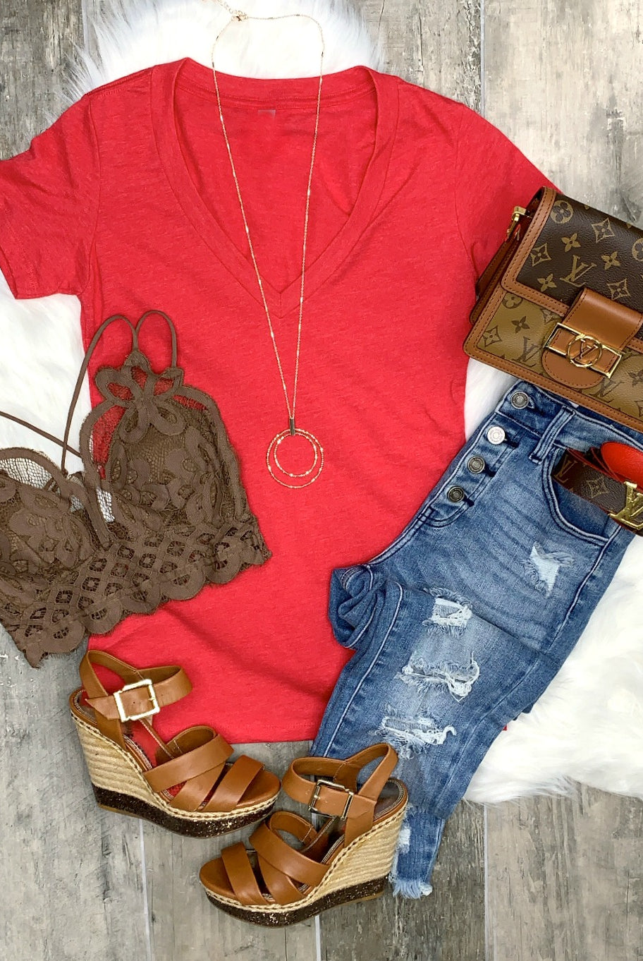 BASIC SHORT SLEEVE DEEP V-NECK TEE - RED-privityboutique-Privity Boutique, Women’s Fashion Boutique in Mesa, Arizona