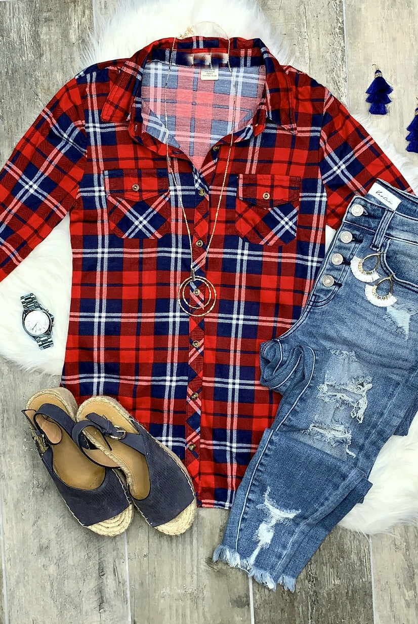 Penny Plaid Flannel Top - Red/Navy-flannel-privityboutique-Privity Boutique, Women’s Fashion Boutique in Mesa, Arizona