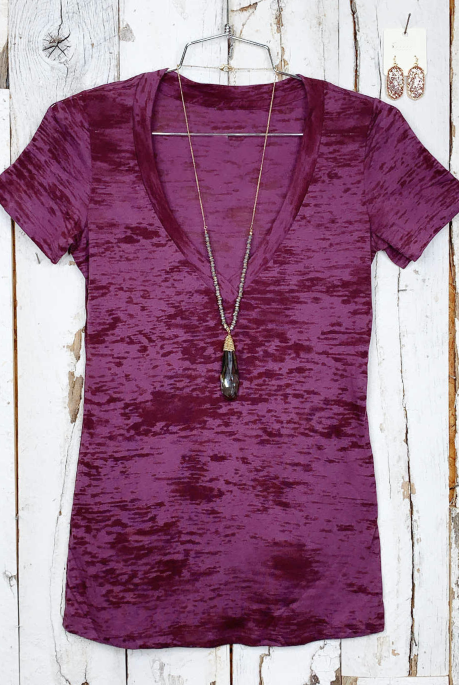 BASIC BURNOUT DEEP V-NECK TEE - PLUM-Top-privityboutique.com-Privity Boutique, Women’s Fashion Boutique in Mesa, Arizona