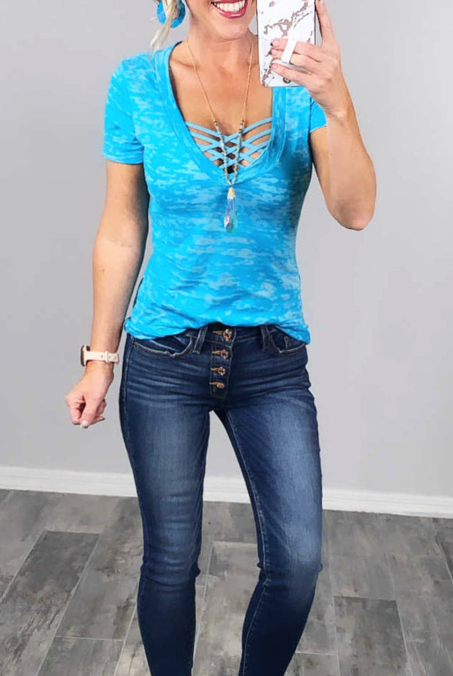 BASIC BURNOUT DEEP V-NECK TEE - SKY BLUE-Top-privityboutique.com-Privity Boutique, Women’s Fashion Boutique in Mesa, Arizona