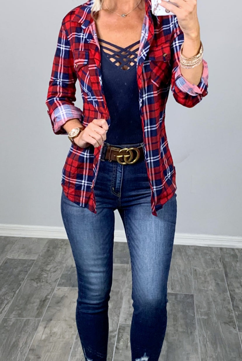 Penny Plaid Flannel Top - Red/Navy-flannel-privityboutique-Privity Boutique, Women’s Fashion Boutique in Mesa, Arizona