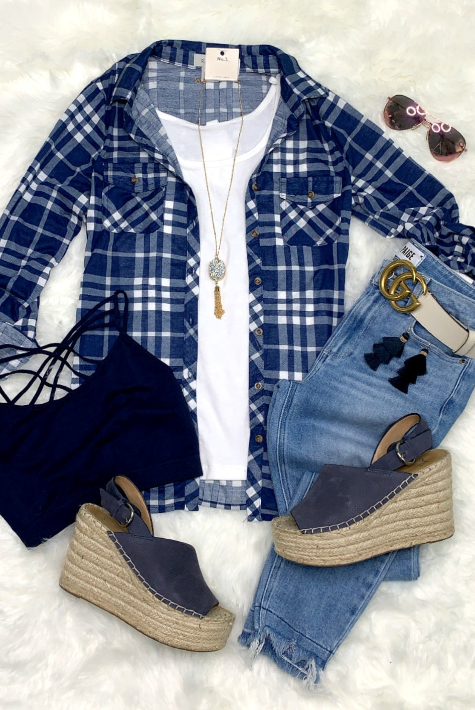 Penny Plaid Flannel Top - Navy/White-flannel-privityboutique-Privity Boutique, Women’s Fashion Boutique in Mesa, Arizona