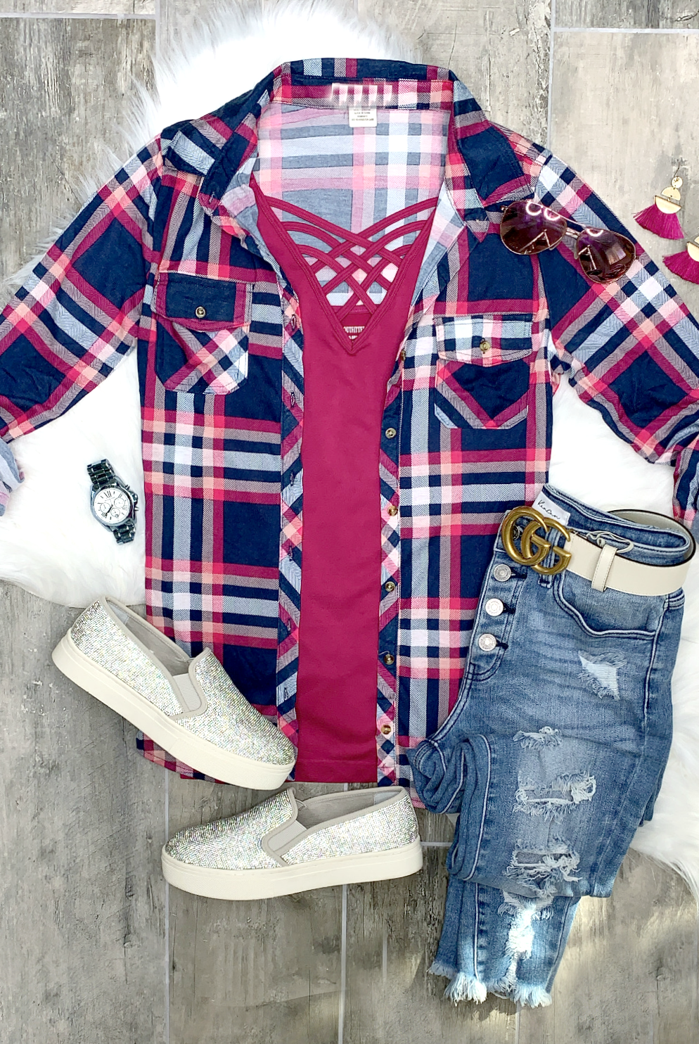 Penny Plaid Flannel Top - Navy/Pink-flannel-privityboutique-Privity Boutique, Women’s Fashion Boutique in Mesa, Arizona