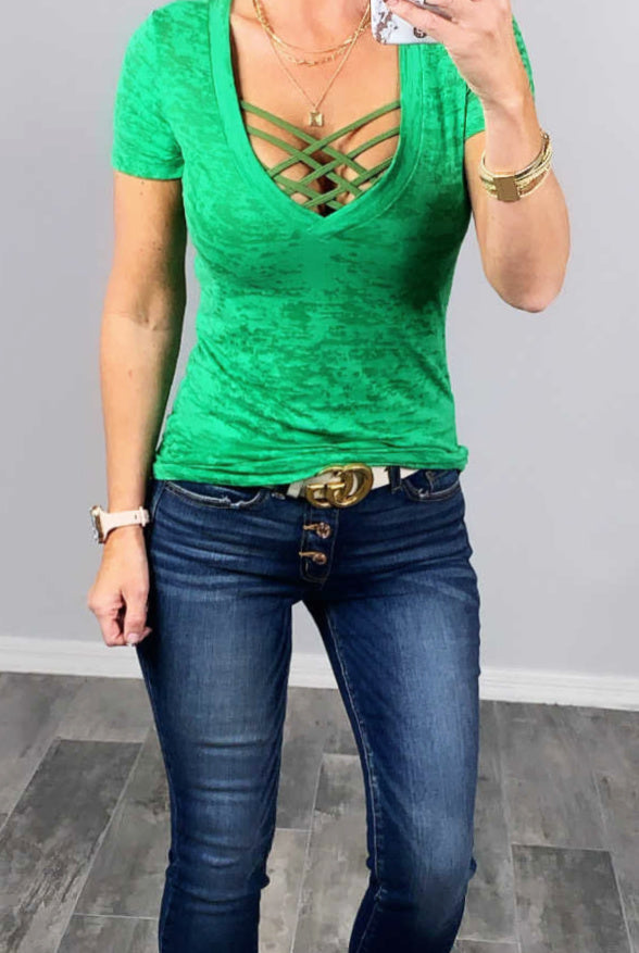 BASIC BURNOUT DEEP V-NECK TEE - GREEN-Top-privityboutique.com-Privity Boutique, Women’s Fashion Boutique in Mesa, Arizona