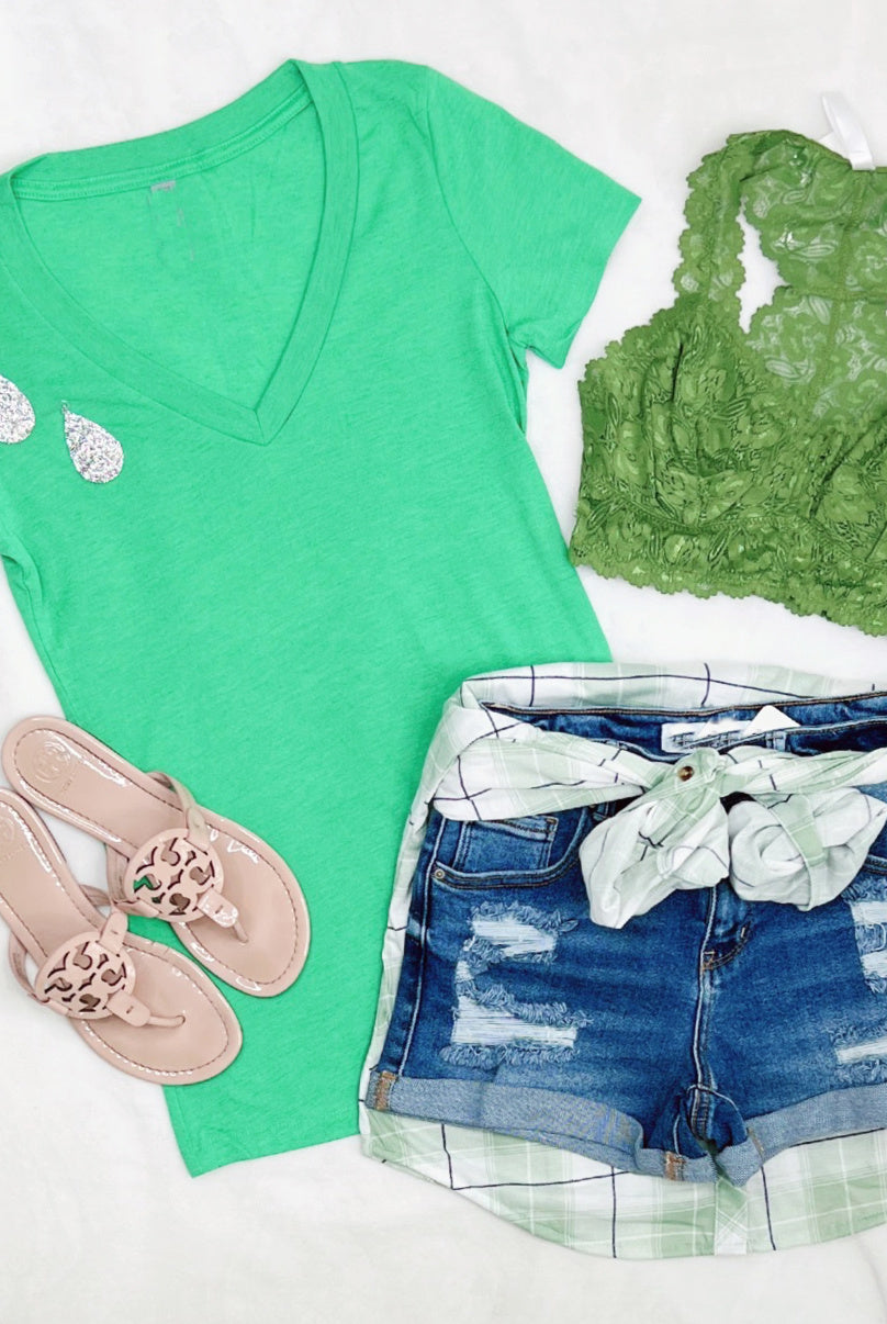 BASIC SHORT SLEEVE DEEP V TEE - GREEN-Top-privityboutique.com-Privity Boutique, Women’s Fashion Boutique in Mesa, Arizona