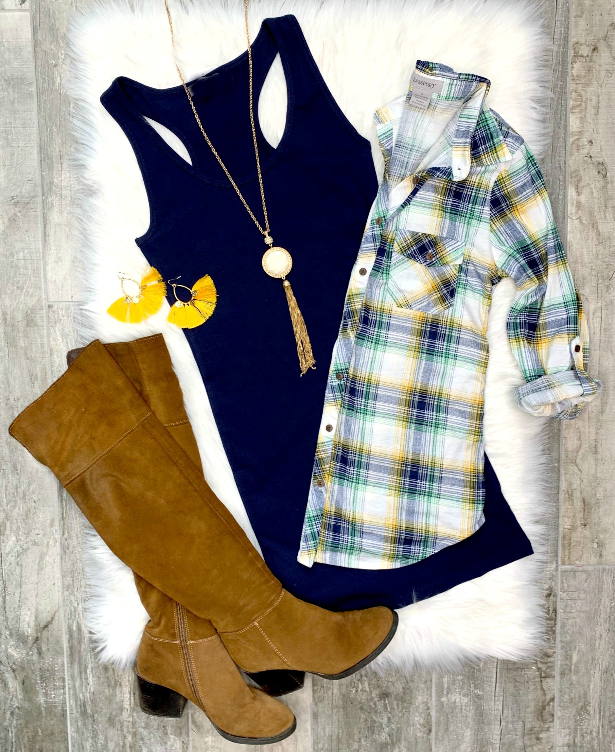 Penny Plaid Flannel Top - White/Navy/Yellow-flannel-privityboutique-Privity Boutique, Women’s Fashion Boutique in Mesa, Arizona