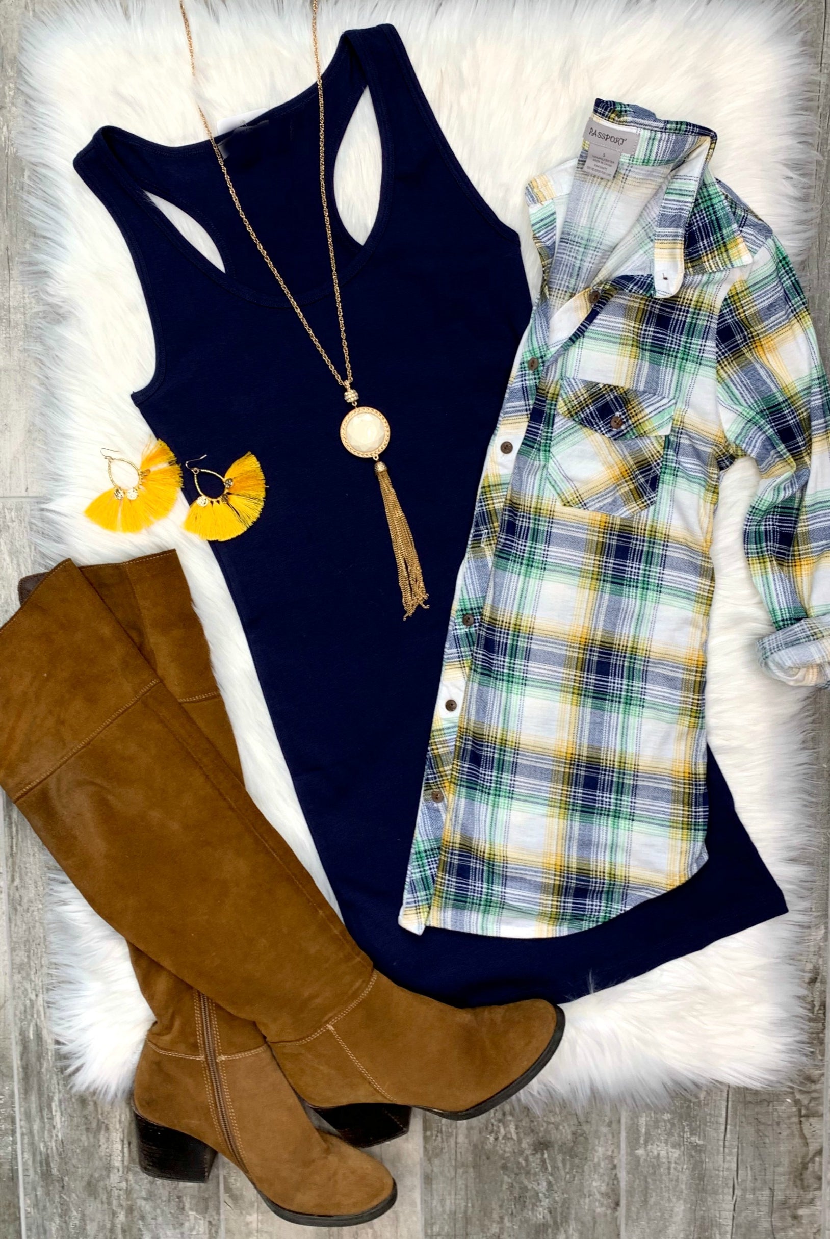 Penny Plaid Flannel Top - White/Navy/Yellow-flannel-privityboutique-Privity Boutique, Women’s Fashion Boutique in Mesa, Arizona