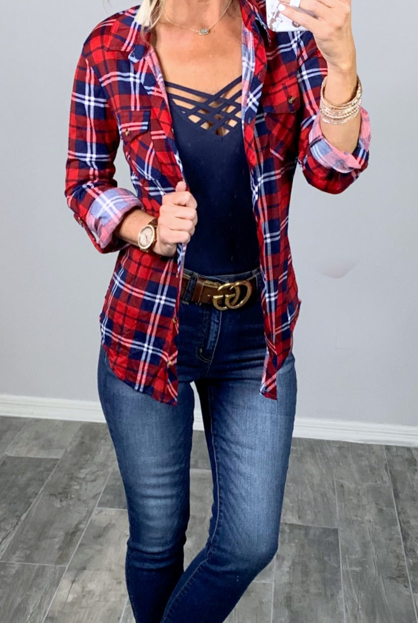 Penny Plaid Flannel Top - Red/Navy-flannel-privityboutique-Privity Boutique, Women’s Fashion Boutique in Mesa, Arizona