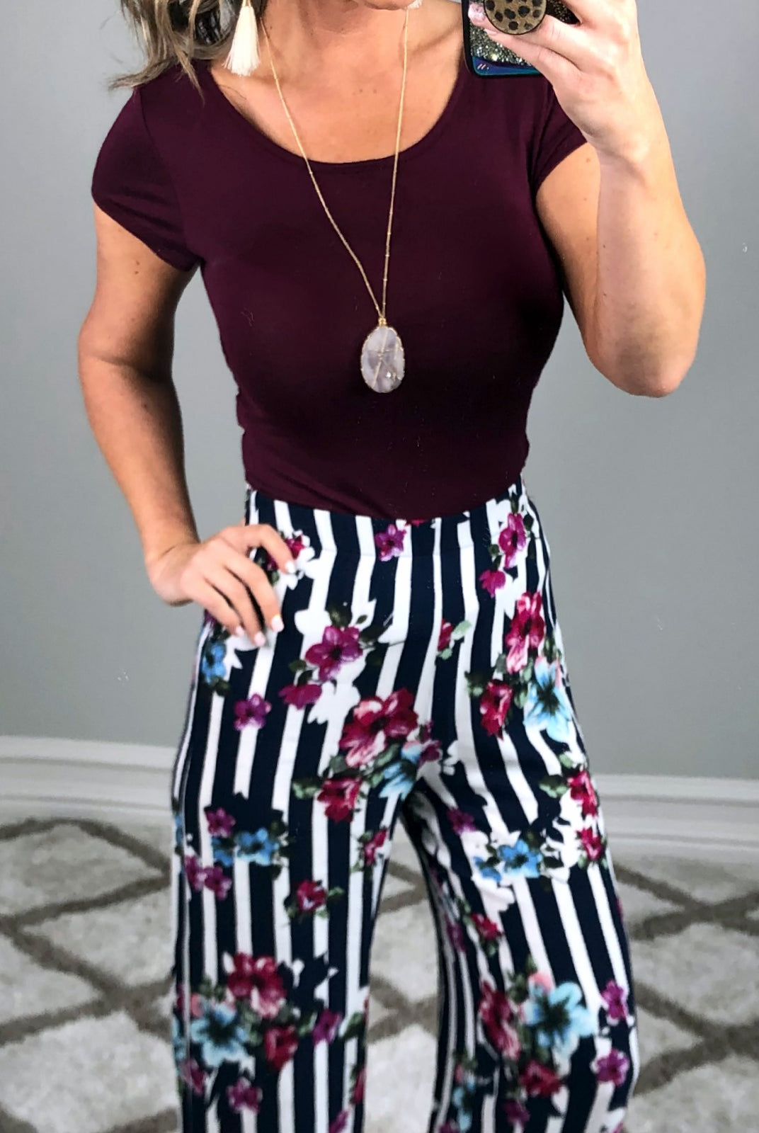 Striped with Floral Pants - Navy-palazzo-privityboutique.com-Privity Boutique, Women’s Fashion Boutique in Mesa, Arizona