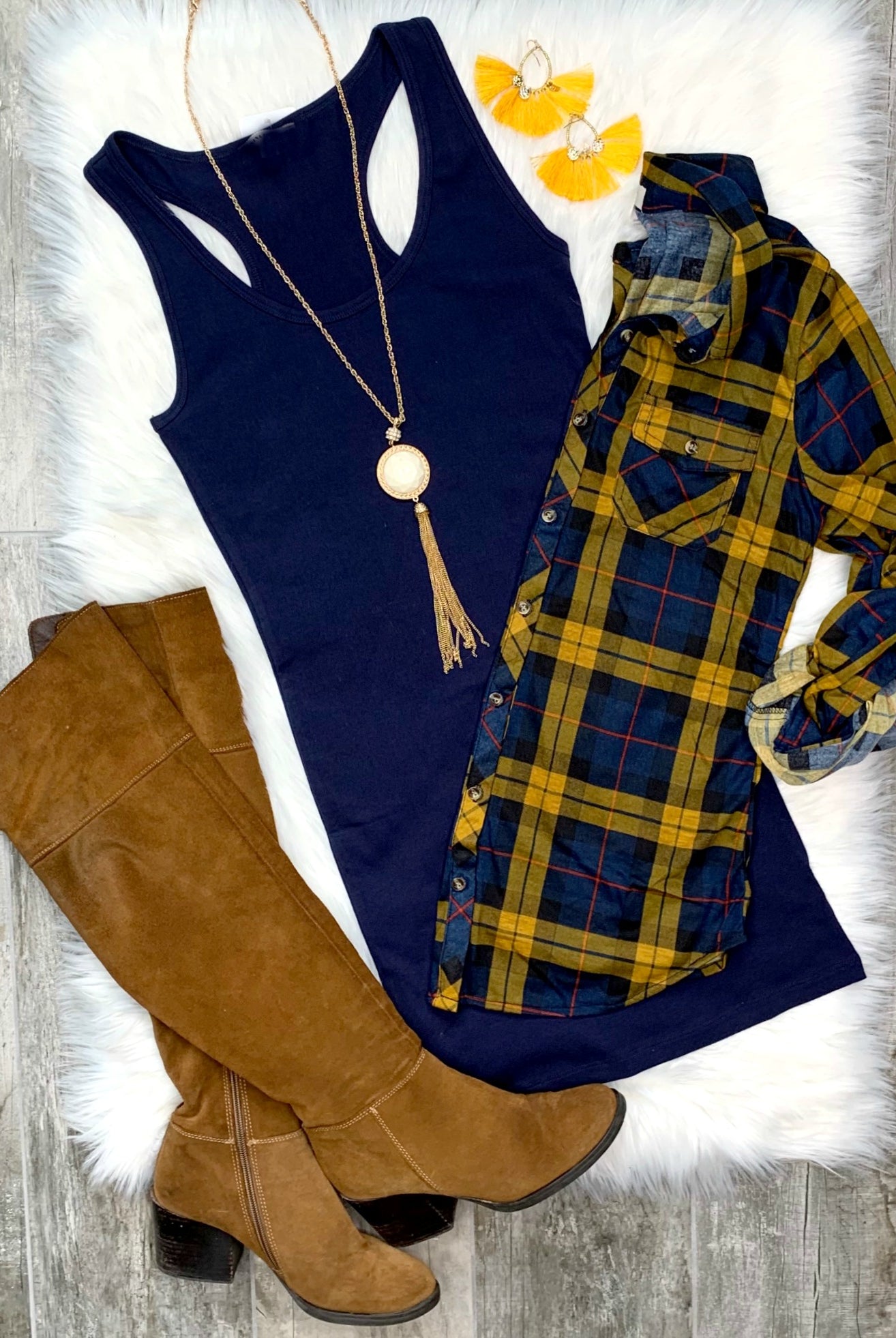 Penny Plaid Flannel Top - Navy/Mustard-flannel-privityboutique-Privity Boutique, Women’s Fashion Boutique in Mesa, Arizona