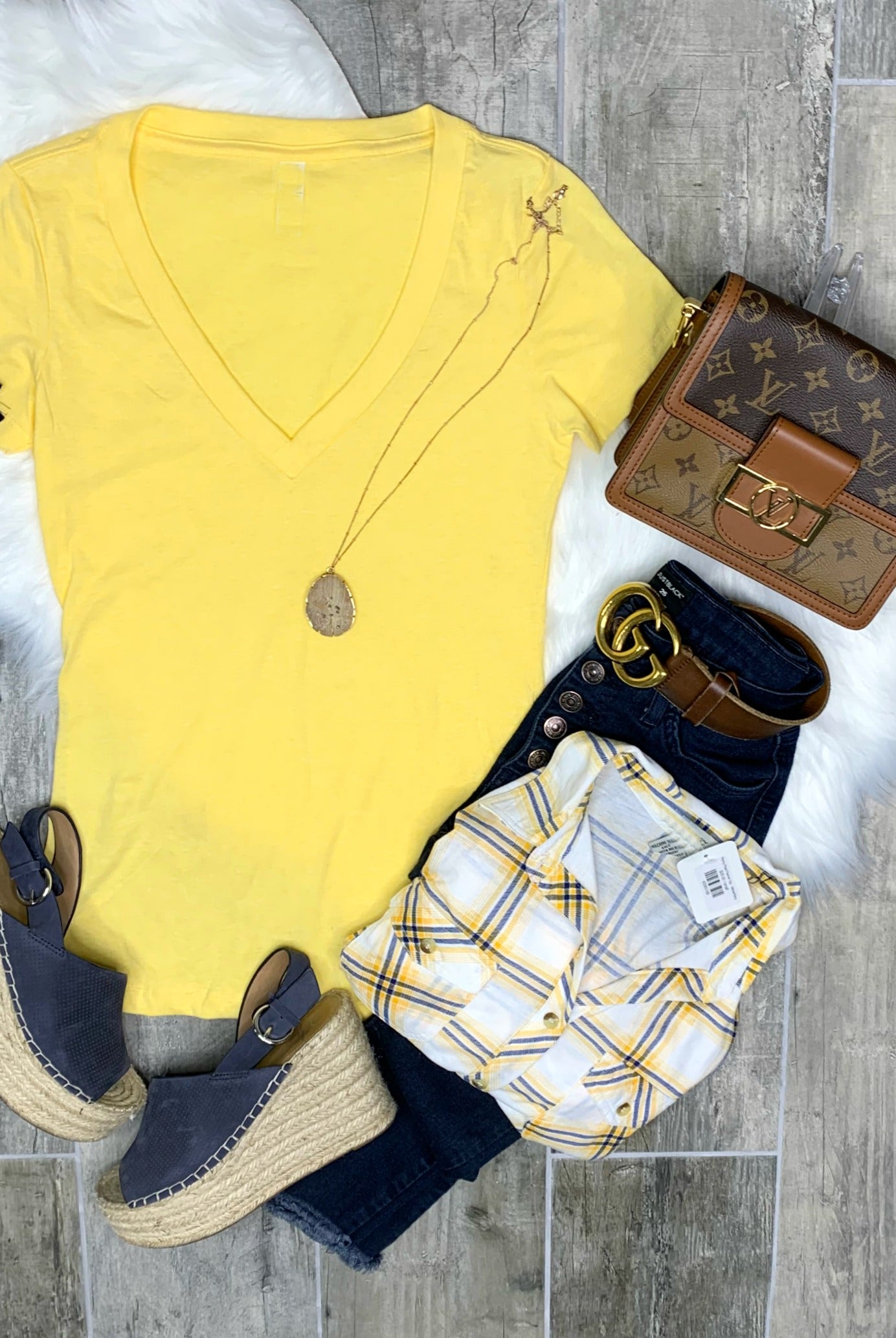 BASIC SHORT SLEEVE DEEP V TEE - YELLOW-Top-privityboutique.com-Privity Boutique, Women’s Fashion Boutique in Mesa, Arizona