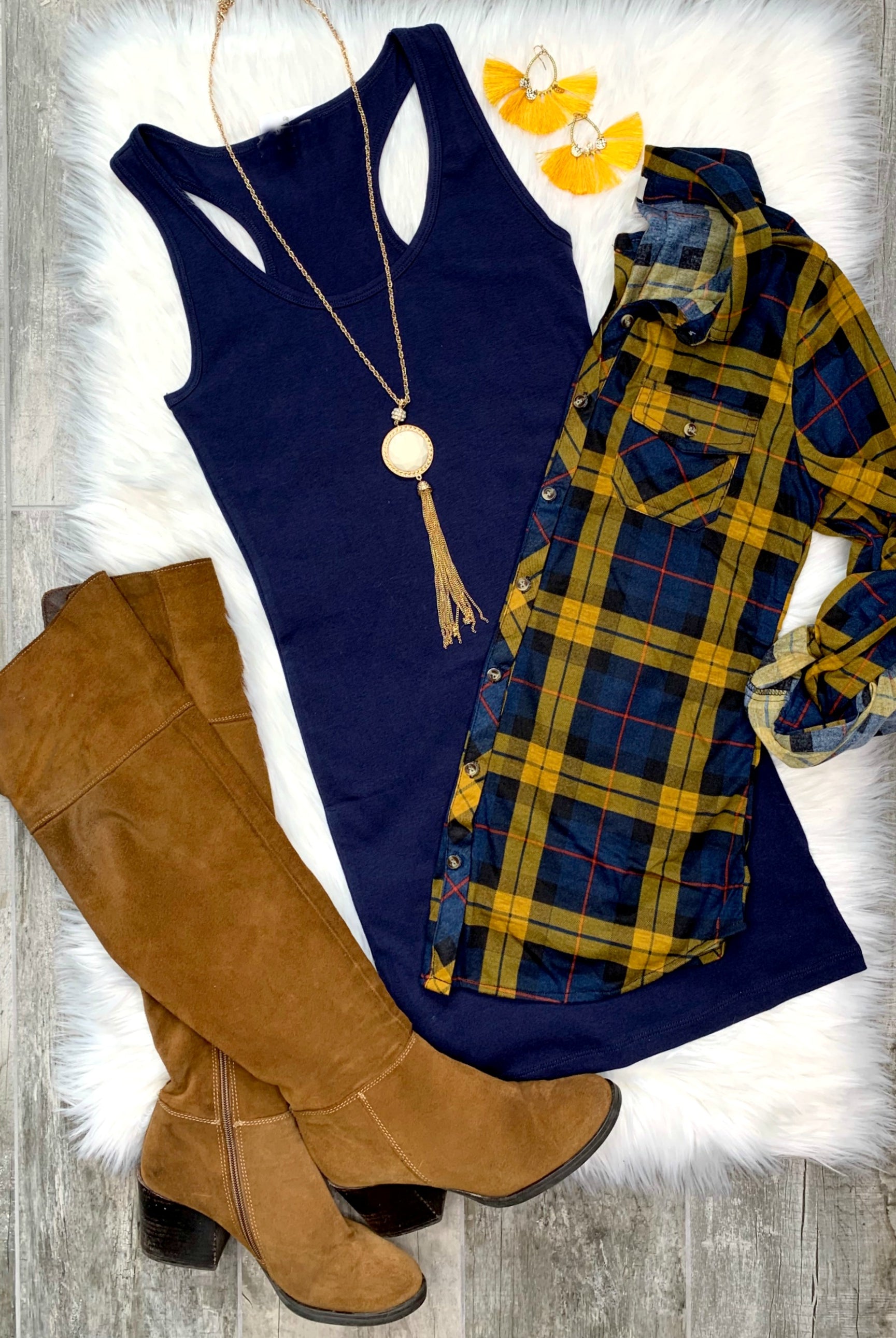 Penny Plaid Flannel Top - Navy/Mustard-flannel-privityboutique-Privity Boutique, Women’s Fashion Boutique in Mesa, Arizona