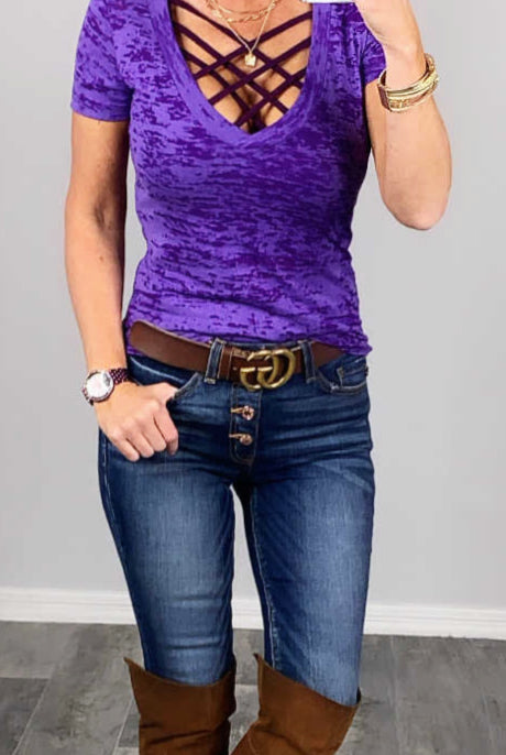 BASIC BURNOUT DEEP V-NECK TEE - PURPLE-Top-privityboutique.com-Privity Boutique, Women’s Fashion Boutique in Mesa, Arizona