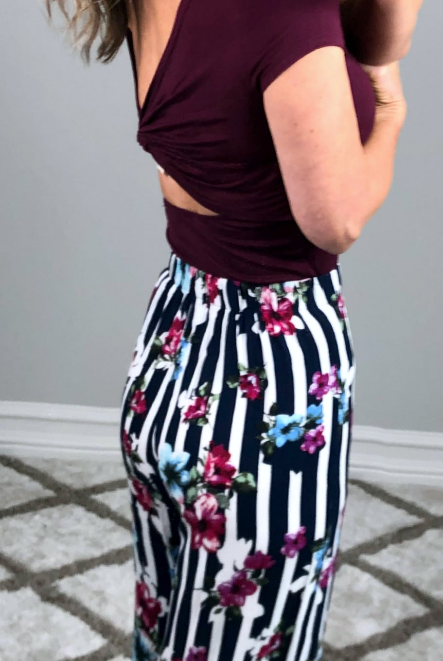 Striped with Floral Pants - Navy-palazzo-privityboutique.com-Privity Boutique, Women’s Fashion Boutique in Mesa, Arizona