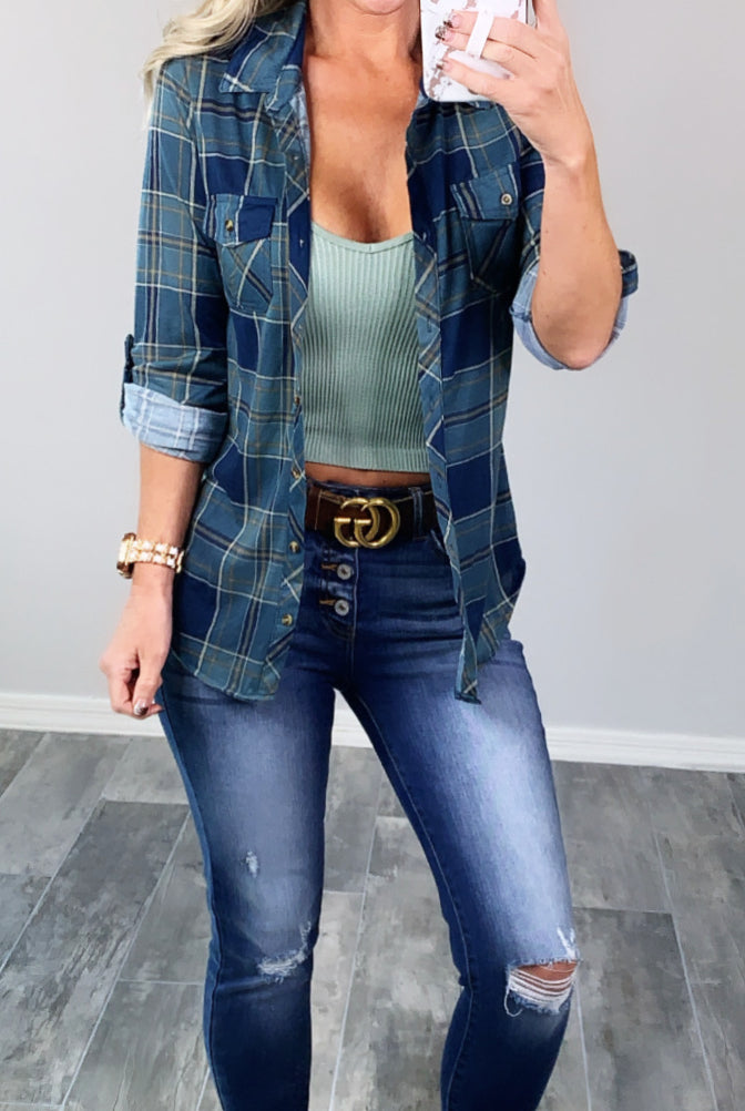 Penny Plaid Flannel Top - Teal/Navy-flannel-privityboutique-Privity Boutique, Women’s Fashion Boutique in Mesa, Arizona