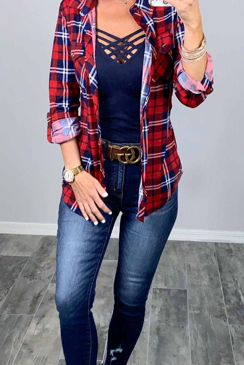 Penny Plaid Flannel Top - Red/Navy-flannel-privityboutique-Privity Boutique, Women’s Fashion Boutique in Mesa, Arizona