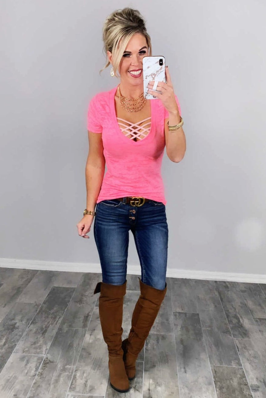 BASIC BURNOUT DEEP V-NECK TEE - PINK-Top-privityboutique.com-Privity Boutique, Women’s Fashion Boutique in Mesa, Arizona