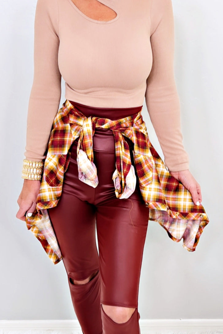 High Waisted Slit Faux Leather Leggings - Burgundy-Leggings-privityboutique-Privity Boutique, Women’s Fashion Boutique in Mesa, Arizona