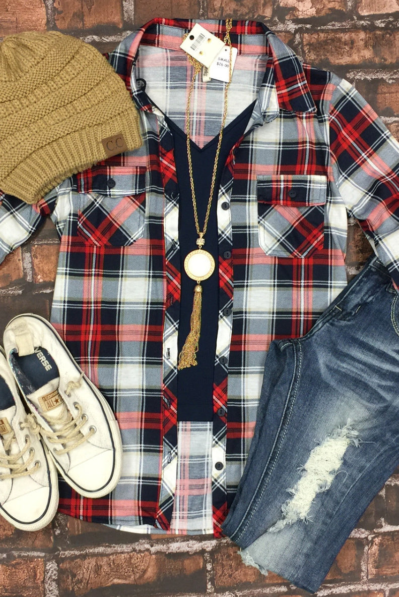 Penny Plaid Flannel Top - Red/Navy/White-bandeau-privityboutique-Privity Boutique, Women’s Fashion Boutique in Mesa, Arizona