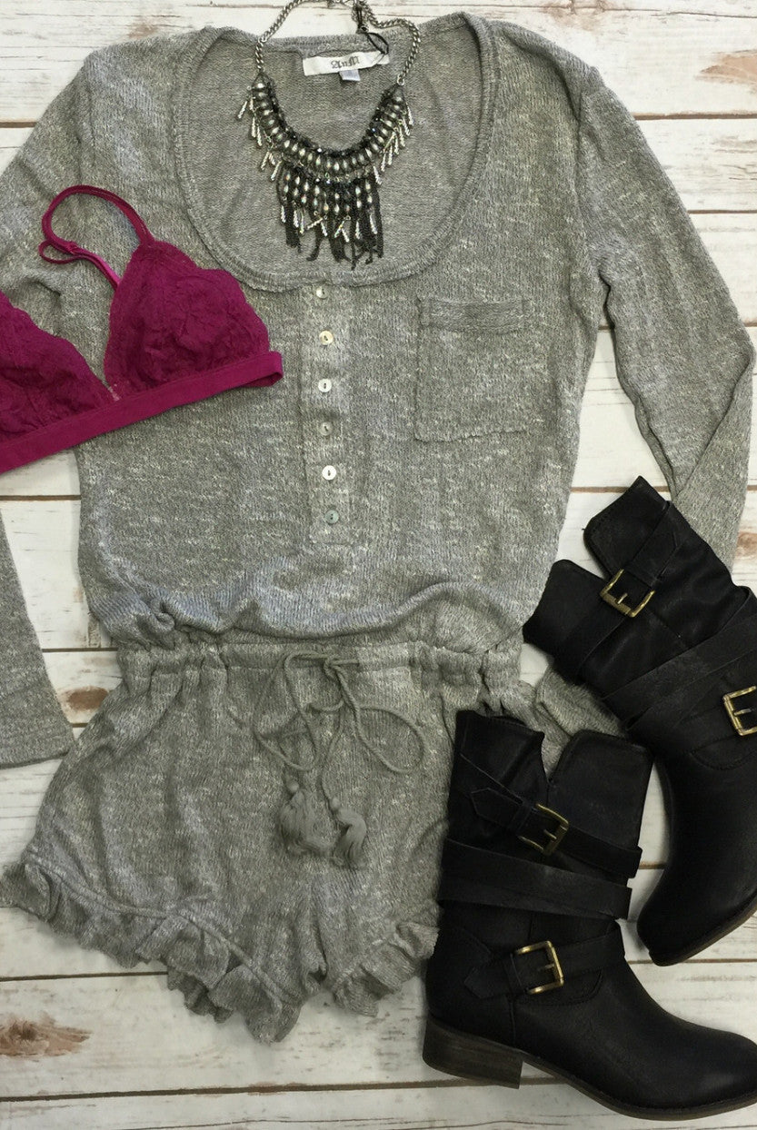 Ruffled Up Romper: Grey-Dress-privityboutique.com-Privity Boutique, Women’s Fashion Boutique in Mesa, Arizona