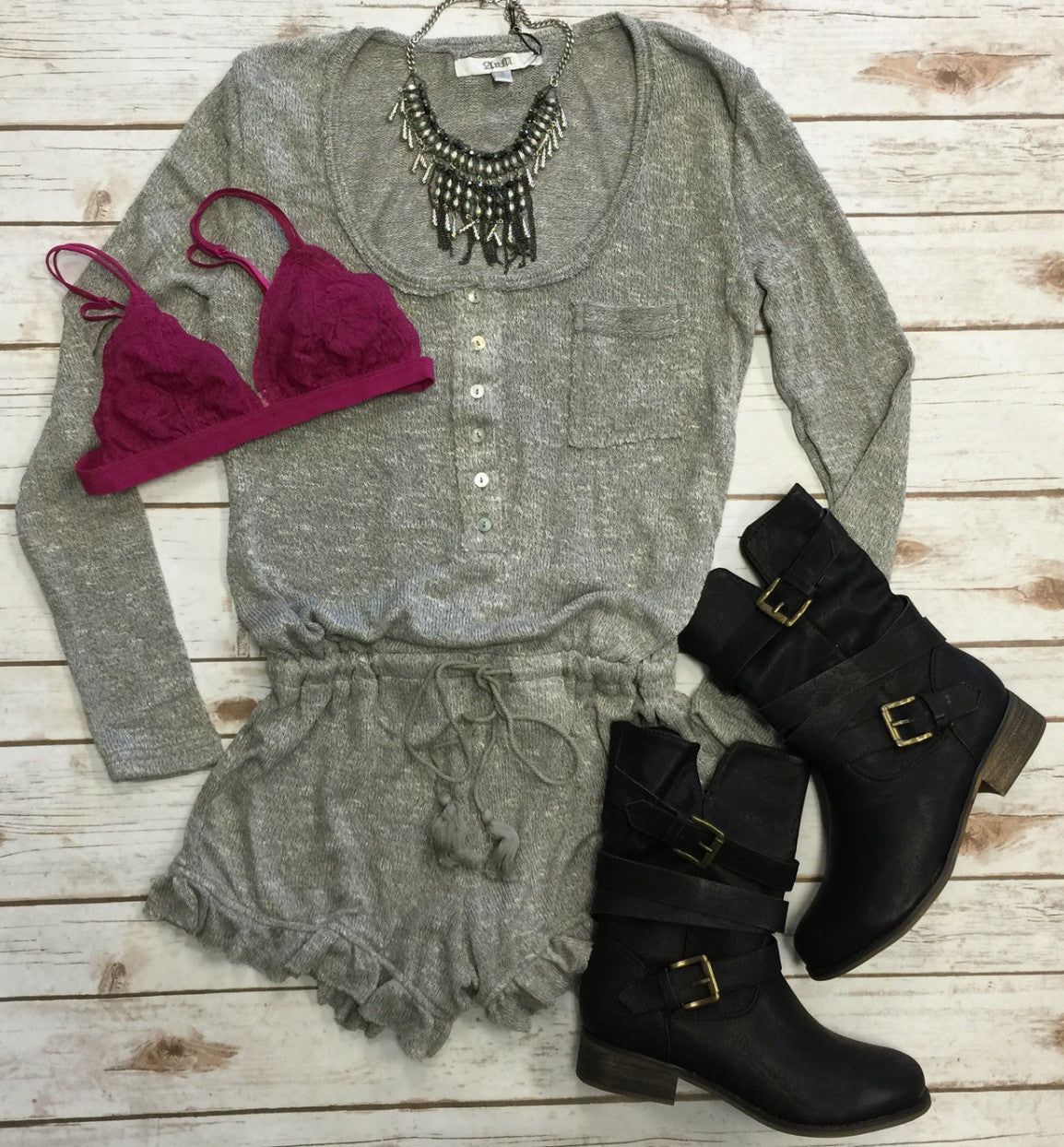 Ruffled Up Romper: Grey-Dress-privityboutique.com-Privity Boutique, Women’s Fashion Boutique in Mesa, Arizona
