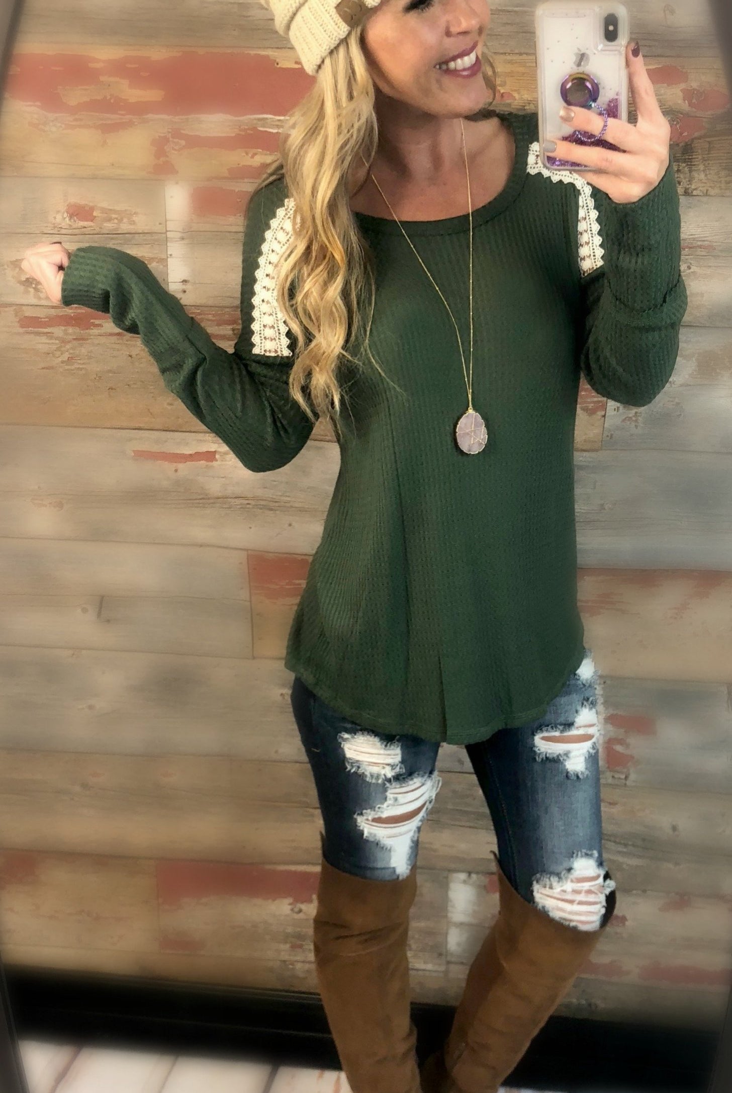 Warmer Days Waffle Top: Hunter Green-Top-privityboutique.com-Privity Boutique, Women’s Fashion Boutique in Mesa, Arizona