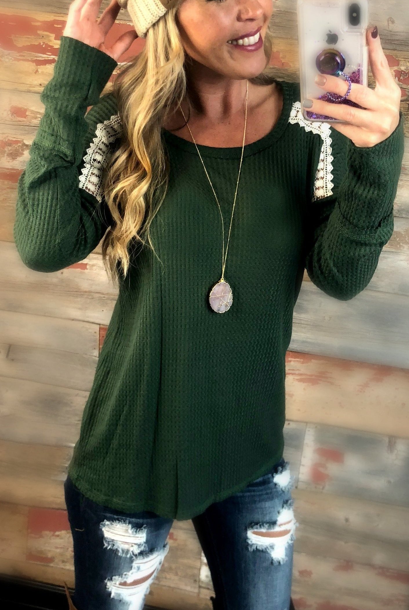 Warmer Days Waffle Top: Hunter Green-Top-privityboutique.com-Privity Boutique, Women’s Fashion Boutique in Mesa, Arizona
