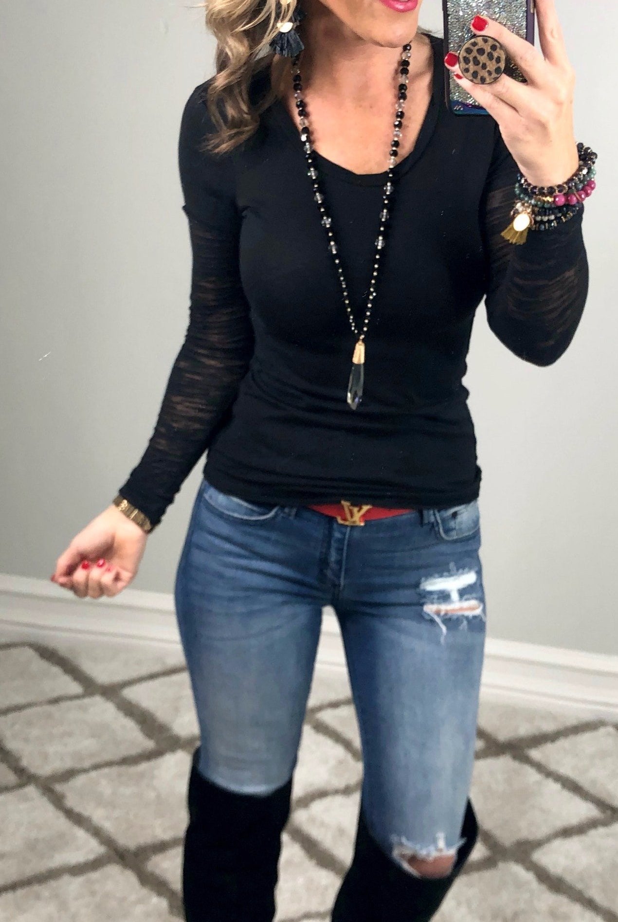 Basic Crew Neck Burnout Sleeves: Black-Top-privityboutique.com-Privity Boutique, Women’s Fashion Boutique in Mesa, Arizona