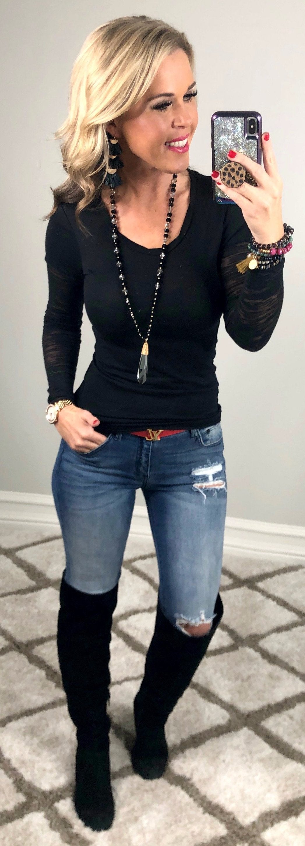 Basic Crew Neck Burnout Sleeves: Black-Top-privityboutique.com-Privity Boutique, Women’s Fashion Boutique in Mesa, Arizona