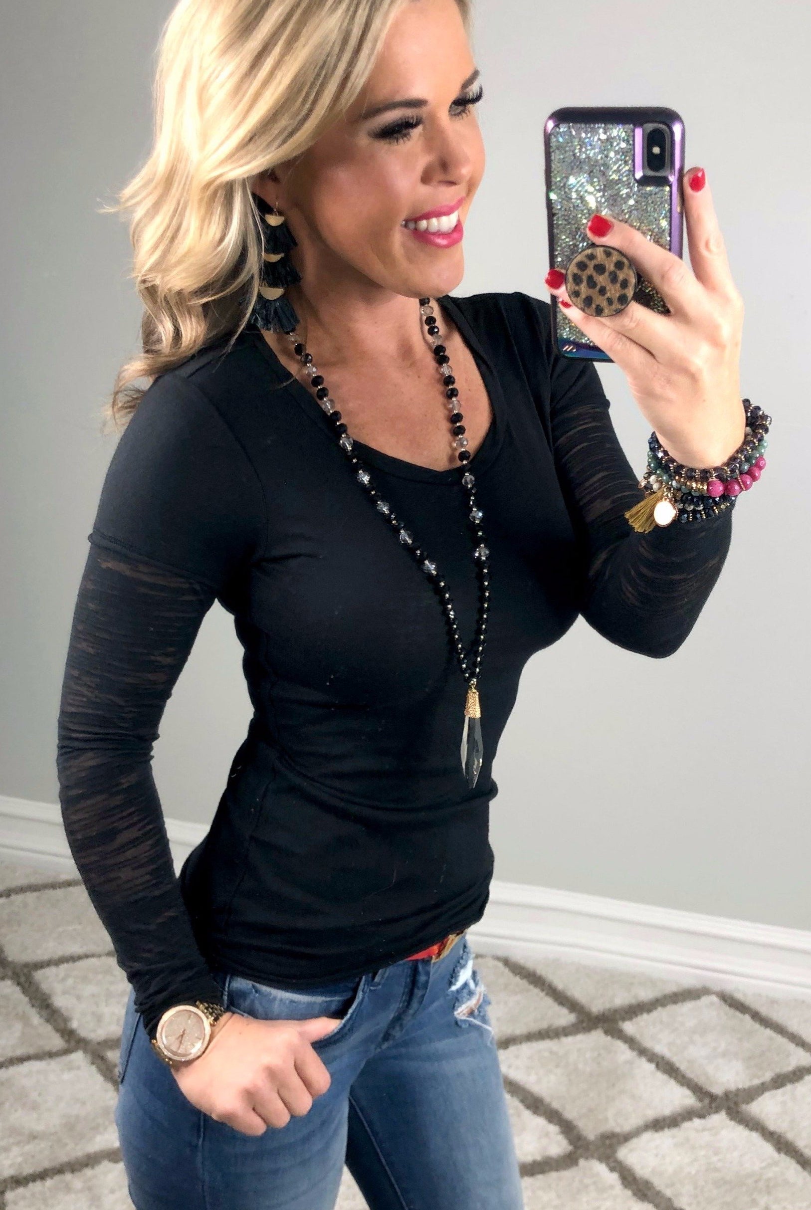 Basic Crew Neck Burnout Sleeves: Black-Top-privityboutique.com-Privity Boutique, Women’s Fashion Boutique in Mesa, Arizona