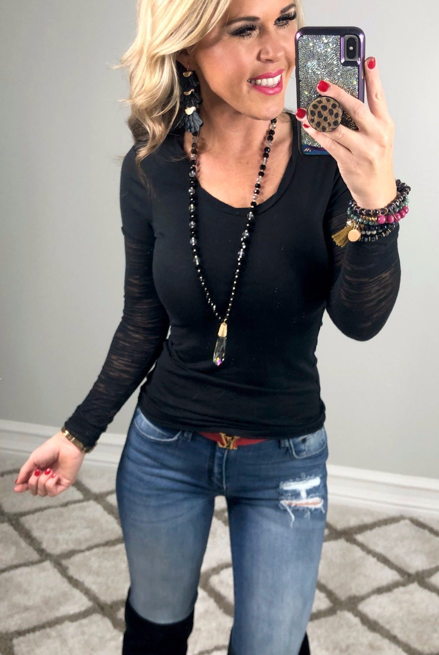 Basic Crew Neck Burnout Sleeves: Black-Top-privityboutique.com-Privity Boutique, Women’s Fashion Boutique in Mesa, Arizona